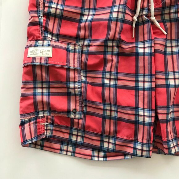 Vintage Ralph Lauren Chaps Swim Suit Trunks Mens Size M Buffalo Check Plaid Red - Picture 4 of 12